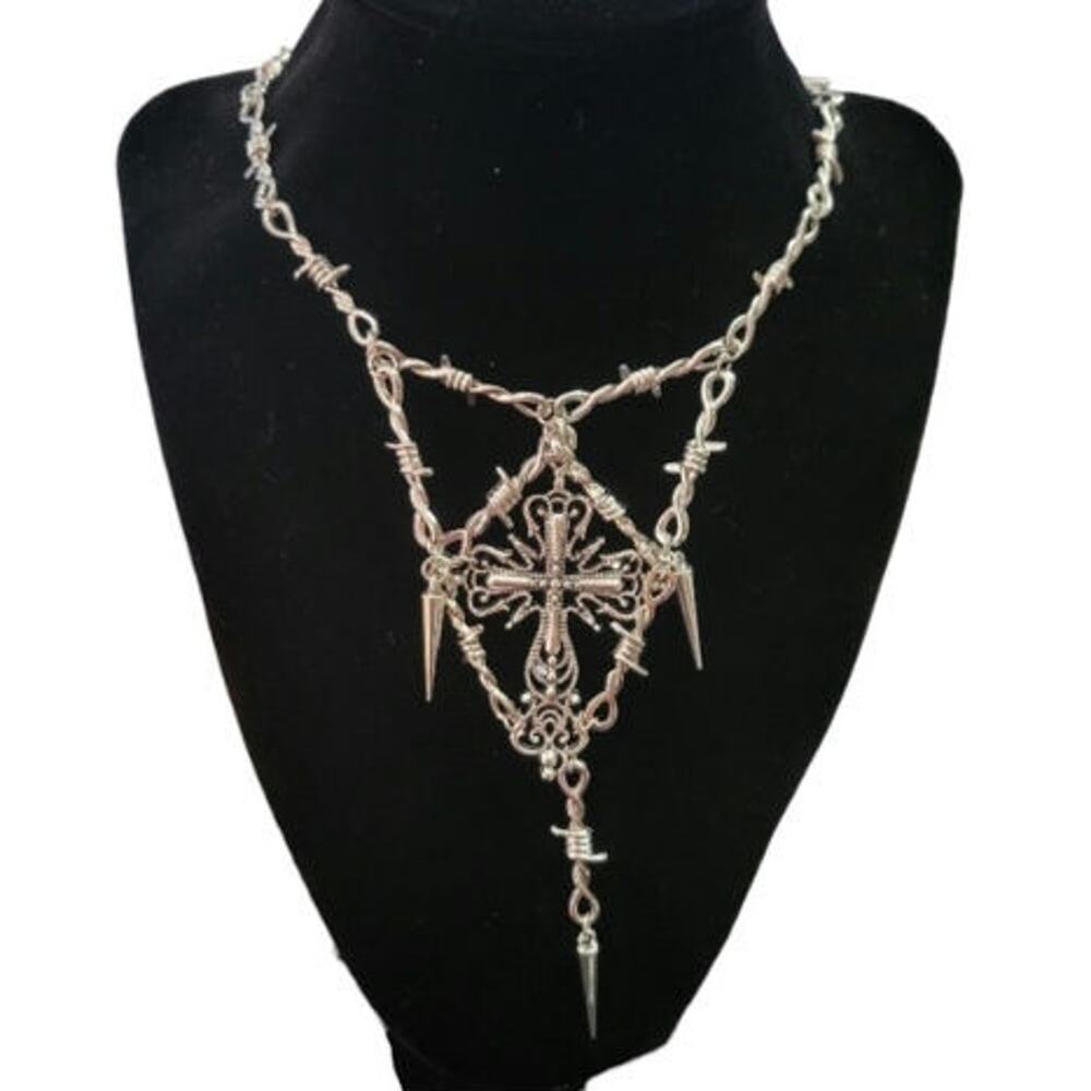 Spiked layerd gothic cross barbed wire bib necklace